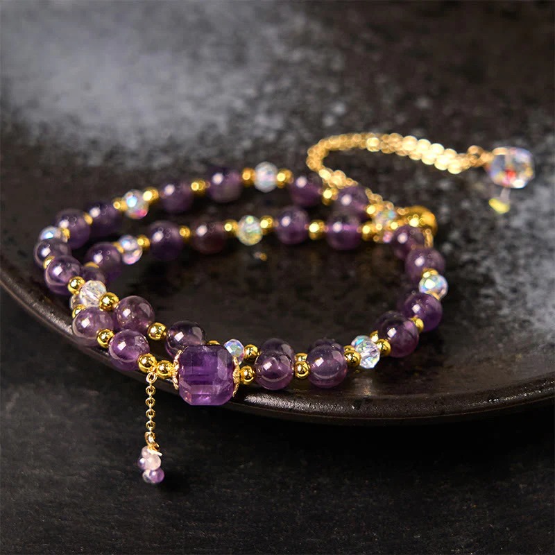 Bracciale a doppio giro per meditazione e guarigione con perline quadrate di ametista naturale Buddha Stones - Image 3