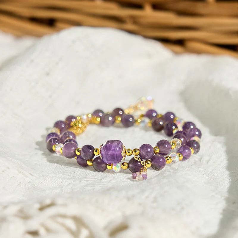 Bracciale a doppio giro per meditazione e guarigione con perline quadrate di ametista naturale Buddha Stones - Image 4