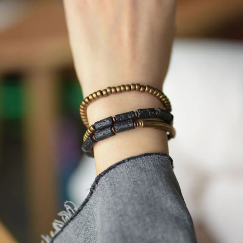 Bracciale avvolgente multistrato in perline di rame e roccia lavica vintage Buddha Stones - Image 10