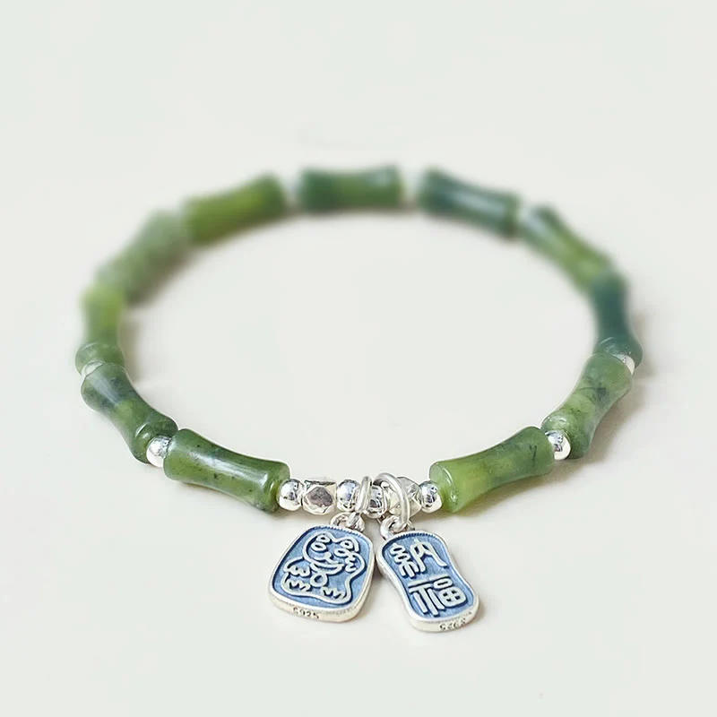 Bracciale Buddha Stones 925 Sterling Silver Bamboo Jade Lucky Cat Fu Character Luck Abundance