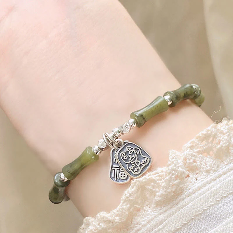 Bracciale Buddha Stones 925 Sterling Silver Bamboo Jade Lucky Cat Fu Character Luck Abundance - Image 13