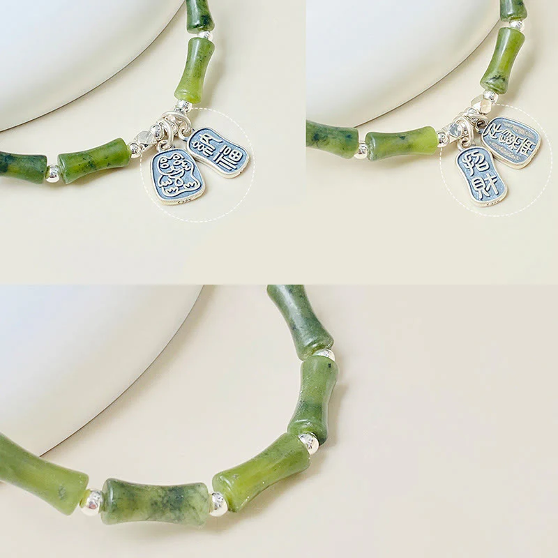Bracciale Buddha Stones 925 Sterling Silver Bamboo Jade Lucky Cat Fu Character Luck Abundance - Image 17