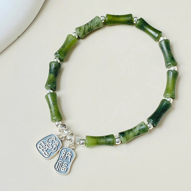 Bracciale Buddha Stones 925 Sterling Silver Bamboo Jade Lucky Cat Fu Character Luck Abundance - Image 2