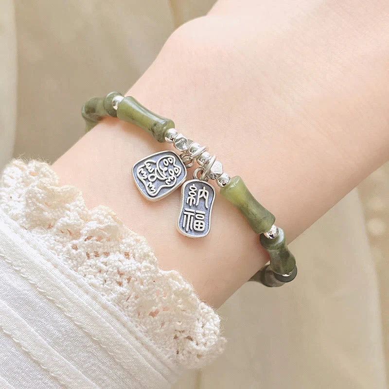 Bracciale Buddha Stones 925 Sterling Silver Bamboo Jade Lucky Cat Fu Character Luck Abundance - Image 9