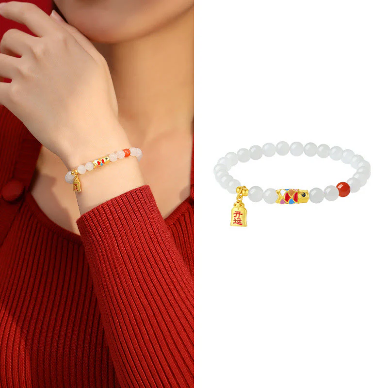 Bracciale Buddha Stones 925 Sterling Silver Hetian Giada Bianca Agata Rossa Koi Pesce Fortuna Felicità - Image 10