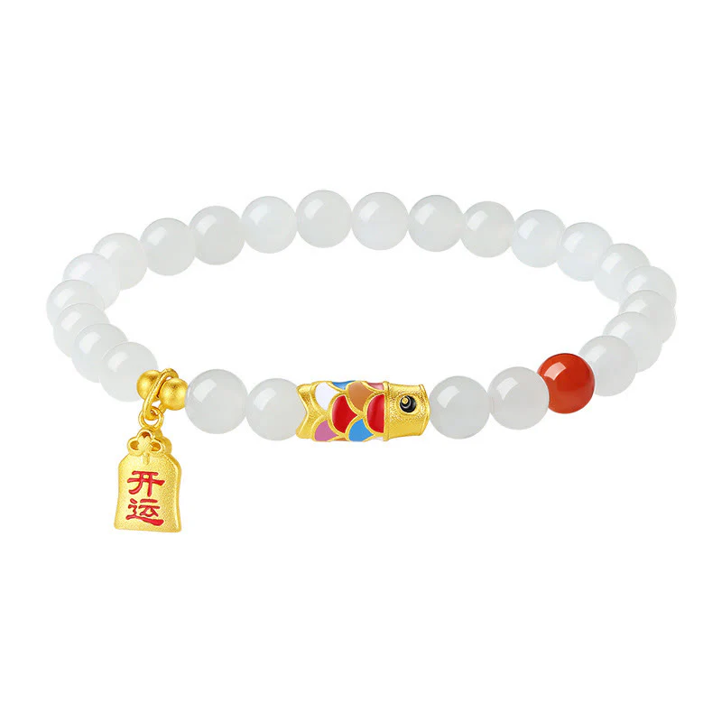 Bracciale Buddha Stones 925 Sterling Silver Hetian Giada Bianca Agata Rossa Koi Pesce Fortuna Felicità - Image 11