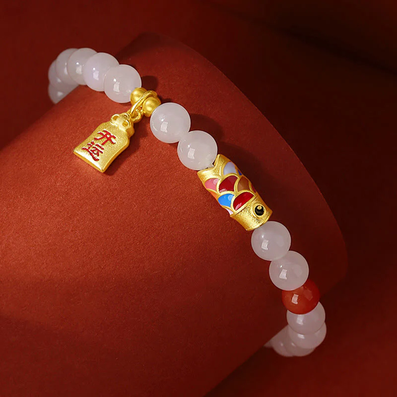 Bracciale Buddha Stones 925 Sterling Silver Hetian Giada Bianca Agata Rossa Koi Pesce Fortuna Felicità - Image 2