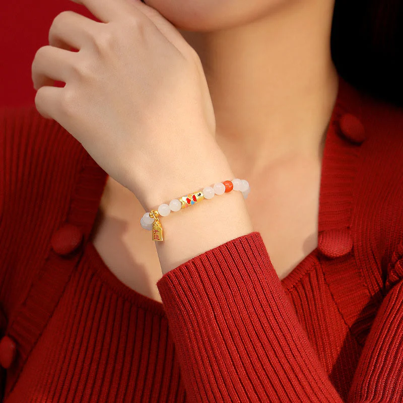Bracciale Buddha Stones 925 Sterling Silver Hetian Giada Bianca Agata Rossa Koi Pesce Fortuna Felicità - Image 3