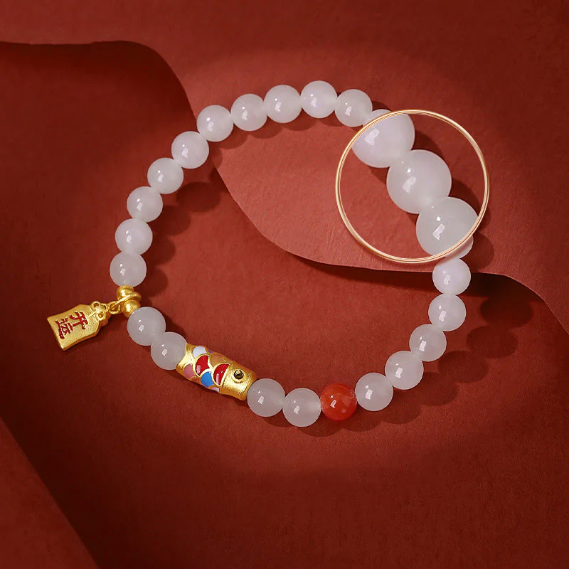Bracciale Buddha Stones 925 Sterling Silver Hetian Giada Bianca Agata Rossa Koi Pesce Fortuna Felicità - Image 4