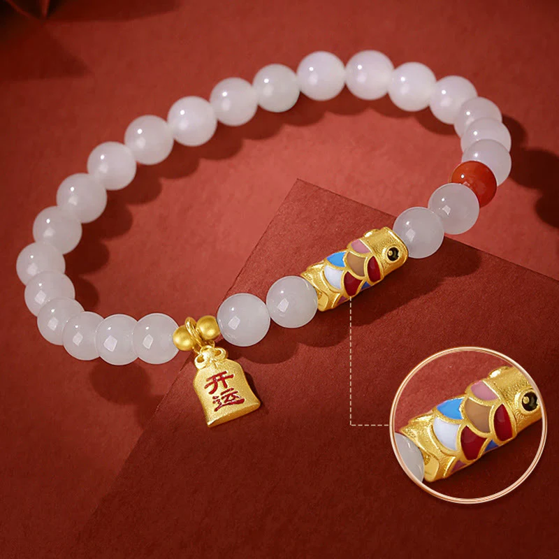 Bracciale Buddha Stones 925 Sterling Silver Hetian Giada Bianca Agata Rossa Koi Pesce Fortuna Felicità - Image 5