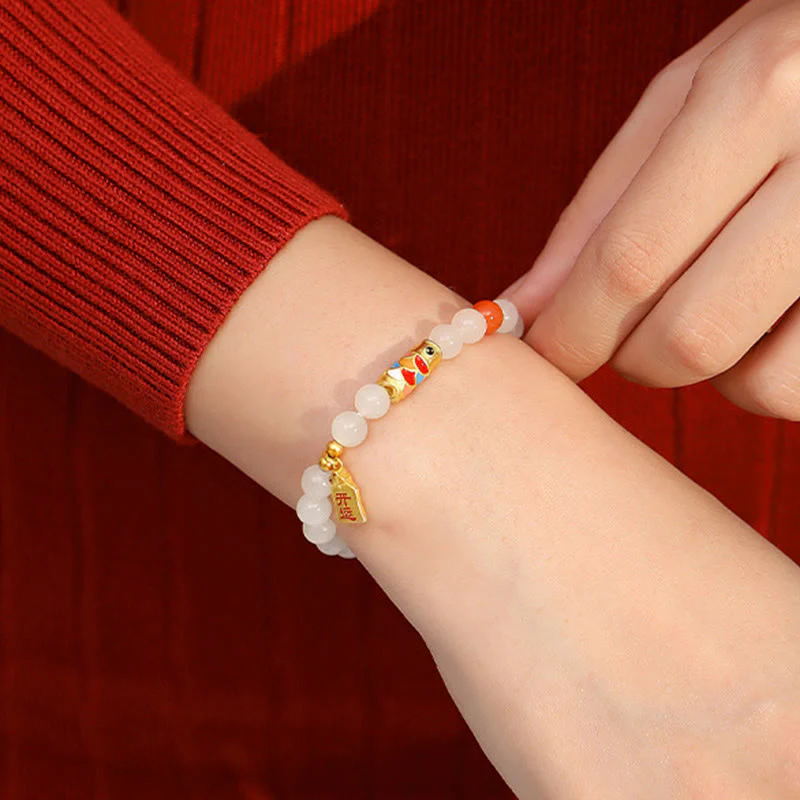 Bracciale Buddha Stones 925 Sterling Silver Hetian Giada Bianca Agata Rossa Koi Pesce Fortuna Felicità - Image 6
