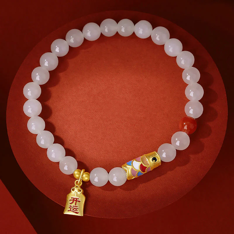 Bracciale Buddha Stones 925 Sterling Silver Hetian Giada Bianca Agata Rossa Koi Pesce Fortuna Felicità - Image 7