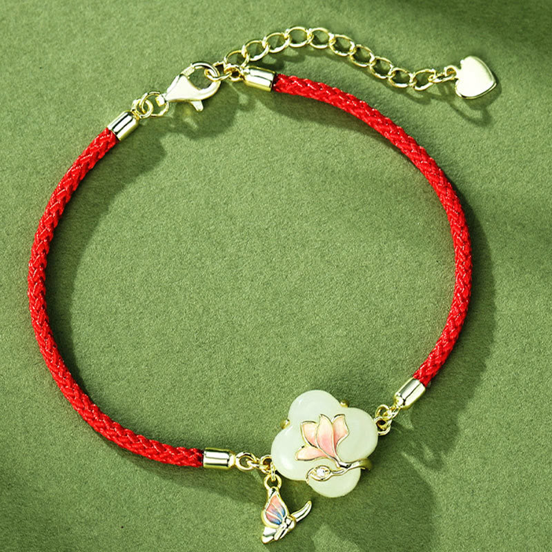 Bracciale Buddha Stones 925 Sterling Silver Hetian Jade Magnolia Flower Butterfly Luck Chain - Image 2