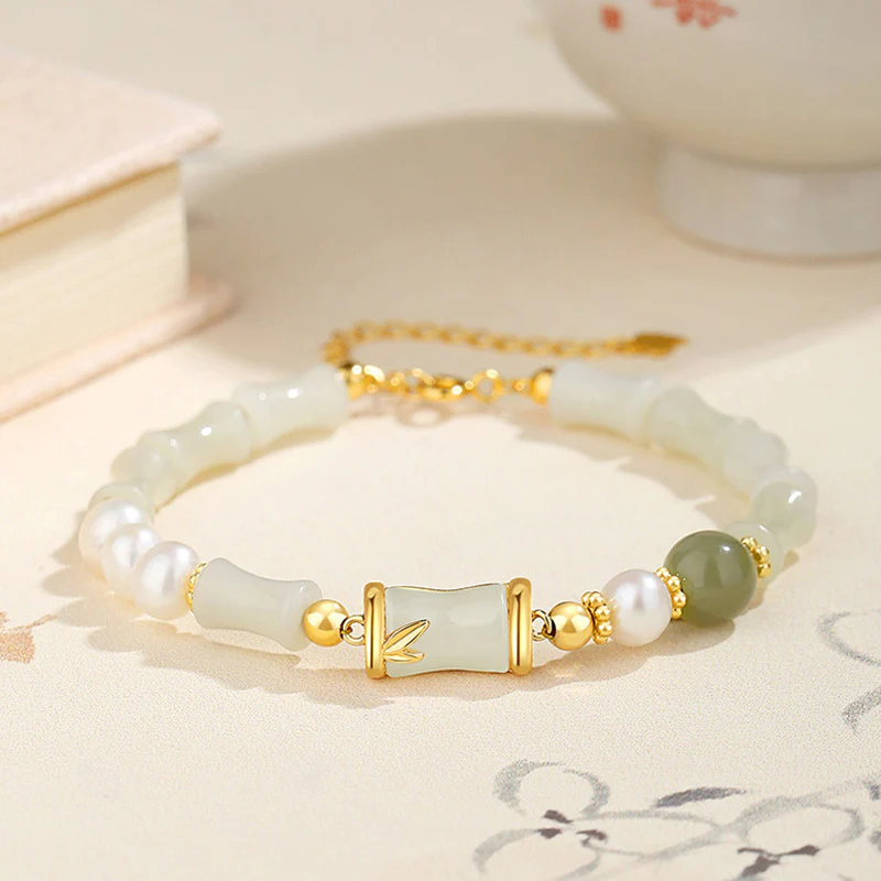 Bracciale Buddha Stones 925 Sterling Silver Hetian Naturale Giada Bianca Bambù Benedizione Fortuna Bracciale