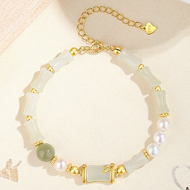 Bracciale Buddha Stones 925 Sterling Silver Hetian Naturale Giada Bianca Bambù Benedizione Fortuna Bracciale - Image 4