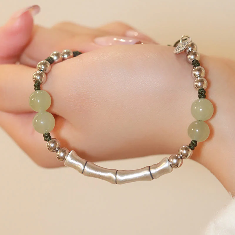 Bracciale Buddha Stones 925 Sterling Silver Jade naturale Fu Character Bamboo Abundance - Image 2