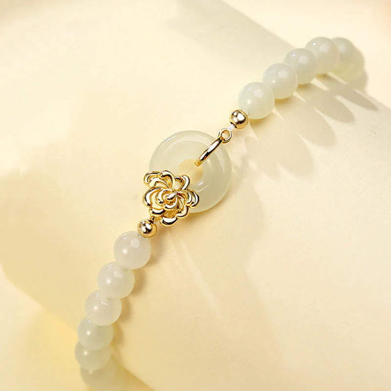 Bracciale Buddha Stones 925 Sterling Silver Natural Hetian Jade Autunno Crisantemo Fibbia Pace Prosperità - Image 2