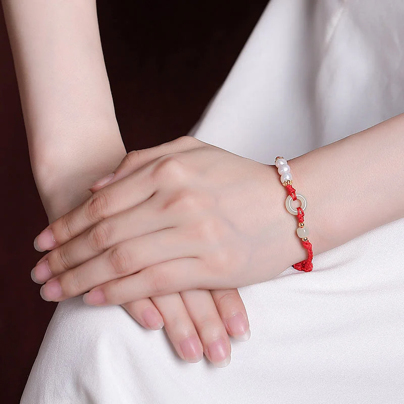 Bracciale Buddha Stones 925 Sterling Silver placcato oro Hetian Jade Peace Buckle Pearl Luck - Image 5