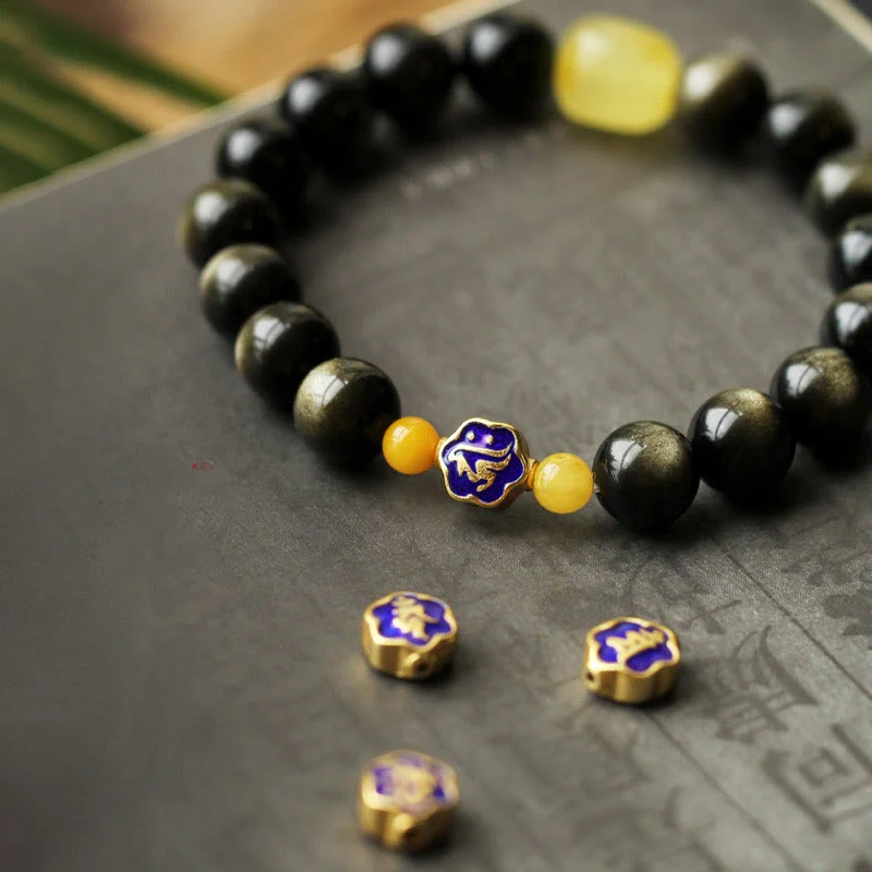 Bracciale Buddha Stones 925 Sterling Silver Zodiaco Cinese Buddha Natale Naturale Oro Lucentezza Ossidiana Ambra Protezione Ricchezza - Image 13
