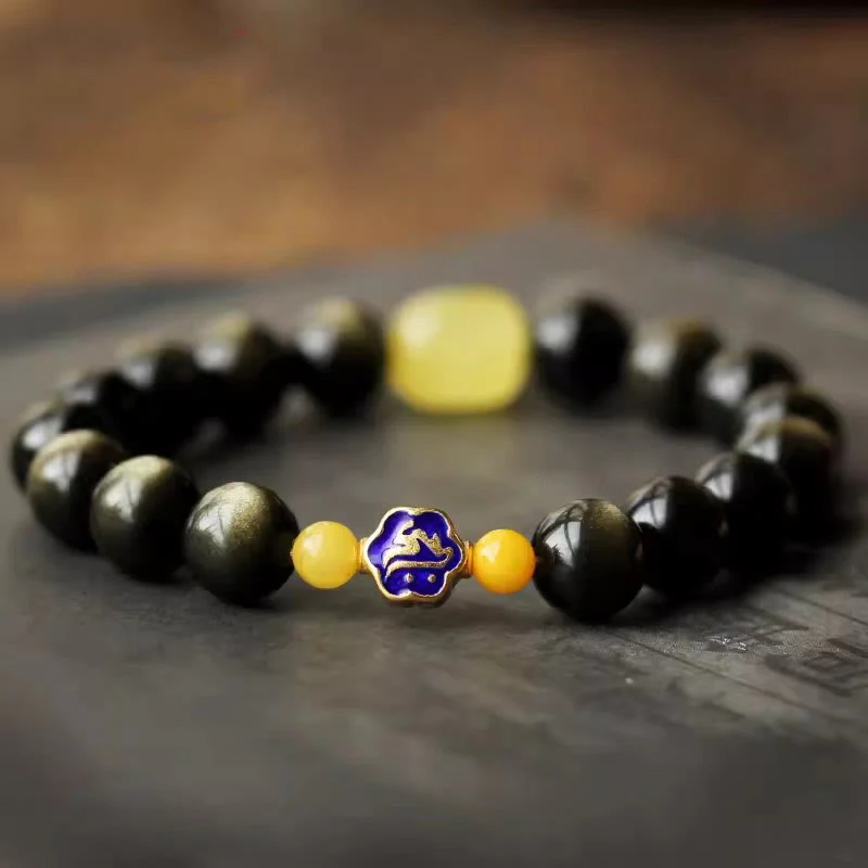 Bracciale Buddha Stones 925 Sterling Silver Zodiaco Cinese Buddha Natale Naturale Oro Lucentezza Ossidiana Ambra Protezione Ricchezza - Image 2