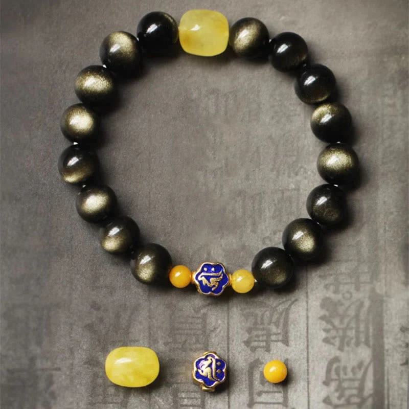 Bracciale Buddha Stones 925 Sterling Silver Zodiaco Cinese Buddha Natale Naturale Oro Lucentezza Ossidiana Ambra Protezione Ricchezza - Image 7