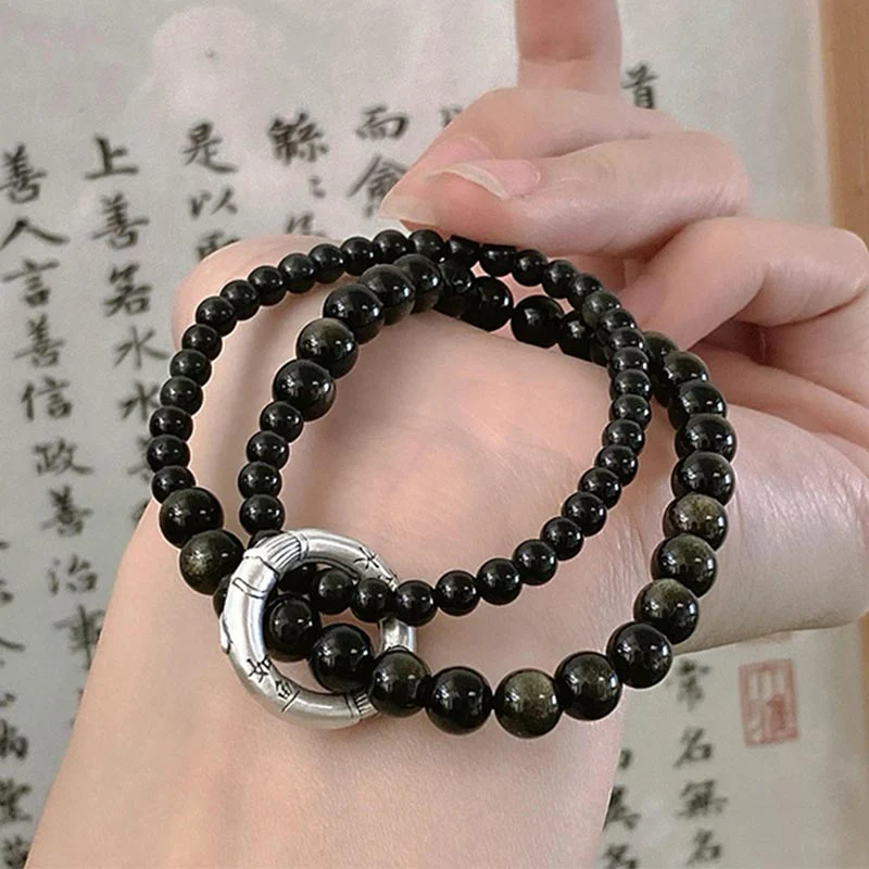 Bracciale Buddha Stones 999 Sterling Silver Black Obsidian Fulfillment Strength Double Layer - Image 2