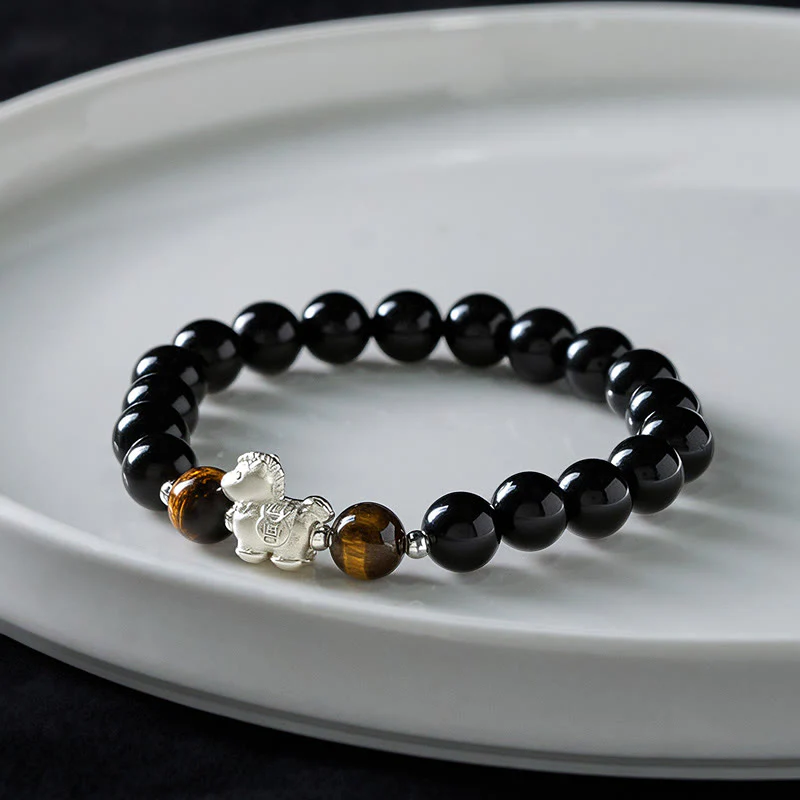 Bracciale Buddha Stones Anno del Cavallo in Argento Sterling 999 con Ciondolo a Forma di Cavallo, Ossidiana Nera e Occhio di Tigre - Image 4
