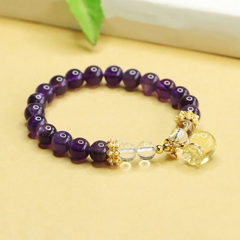 Bracciale Buddha Stones con ciondolo a forma di borsa porta soldi in ametista e citrino naturale - Image 6