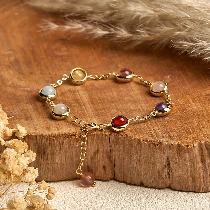 Bracciale Buddha Stones con cristalli colorati, ametista, quarzo fragola e bilanciamento