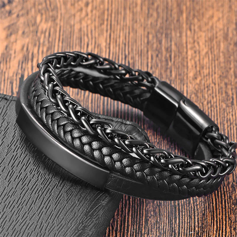 Bracciale Buddha Stones con fibbia in pelle calma in acciaio al titanio multistrato