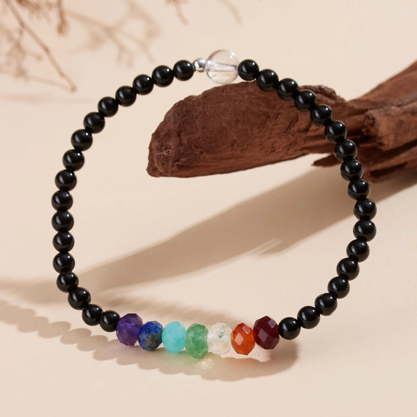 Bracciale Buddha Stones con pietre colorate di tormalina nera ultra-fine da 4 mm