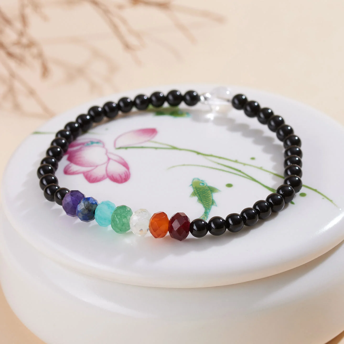 Bracciale Buddha Stones con pietre colorate di tormalina nera ultra-fine da 4 mm - Image 3
