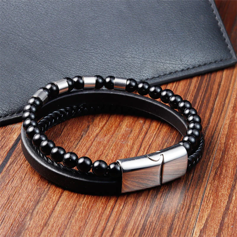 Bracciale Buddha Stones Frosted Stone in pelle multistrato, titanio e acciaio con fibbia a bilanciere - Image 10