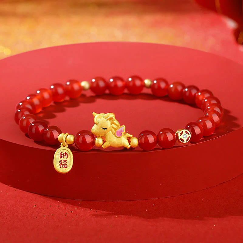 Bracciale Buddha Stones in argento sterling 925 con agata rossa e ciondolo portafortuna "Anno del cavallo"