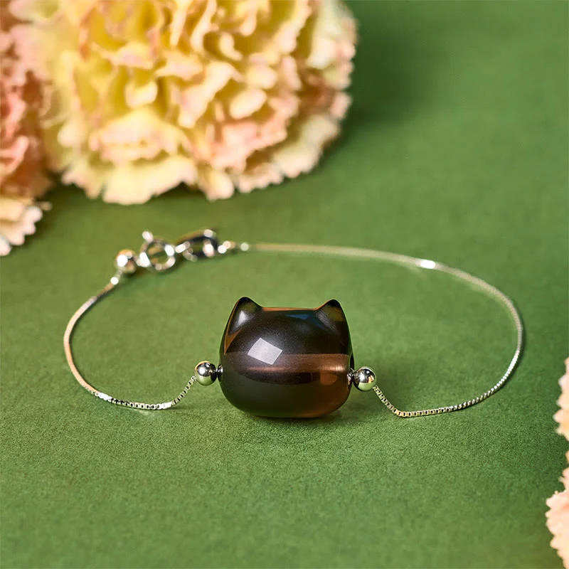 Bracciale Buddha Stones in argento sterling 925 con gatto in ossidiana di ghiaccio naturale e positivo