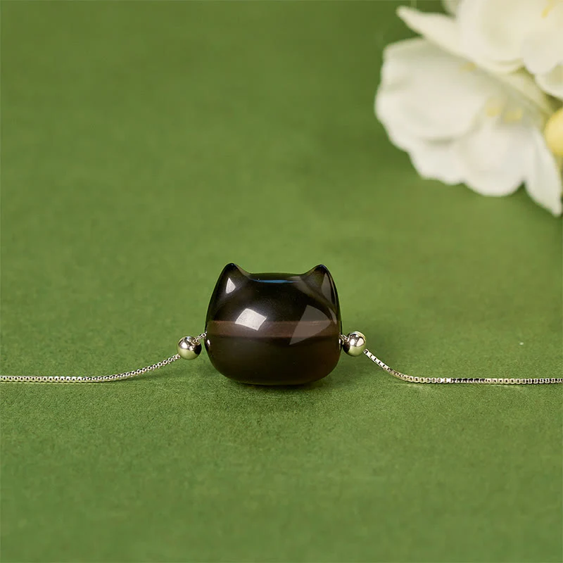 Bracciale Buddha Stones in argento sterling 925 con gatto in ossidiana di ghiaccio naturale e positivo - Image 2