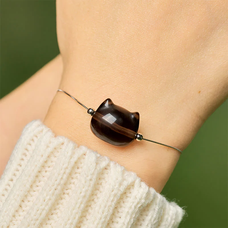 Bracciale Buddha Stones in argento sterling 925 con gatto in ossidiana di ghiaccio naturale e positivo - Image 5
