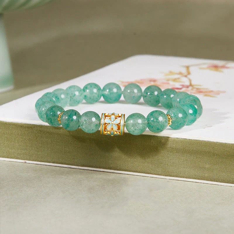 Bracciale Buddha Stones in argento sterling 925 con quarzo fragola verde e fiore calmo