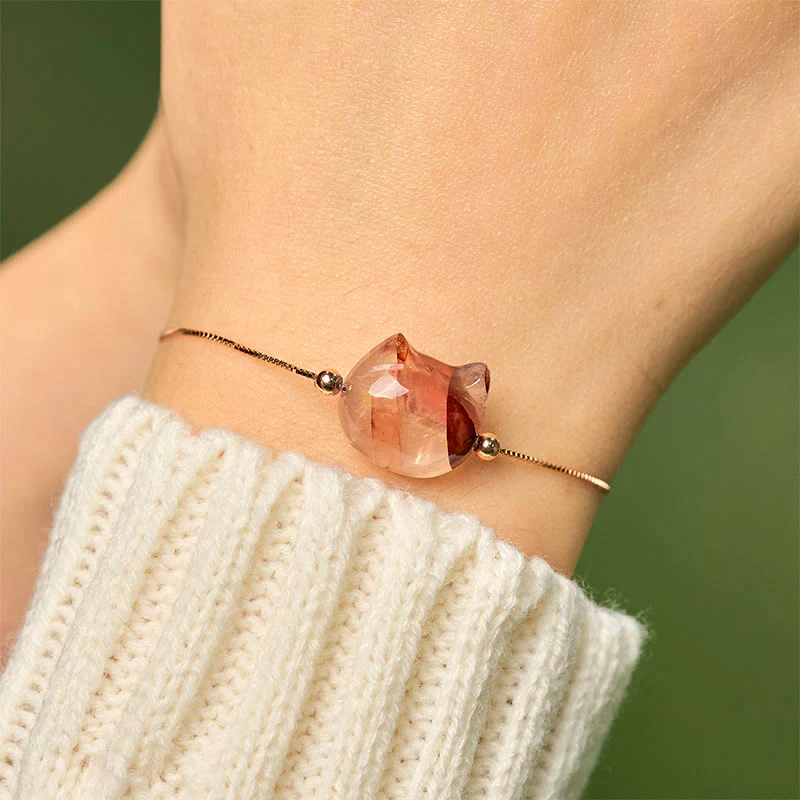 Bracciale Buddha Stones in argento sterling 925 con testa di gatto senza volto e quarzo rosso naturale con fiore della passione - Image 5