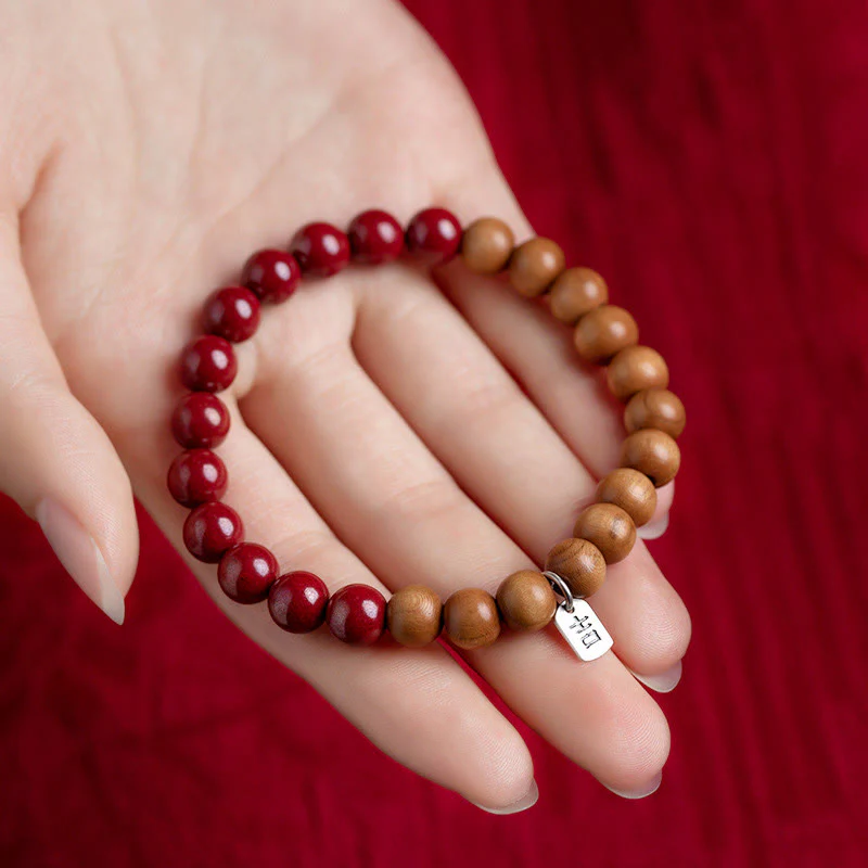 Bracciale Buddha Stones in argento sterling 925, legno di pesca, cinabro, allontana gli spiriti maligni