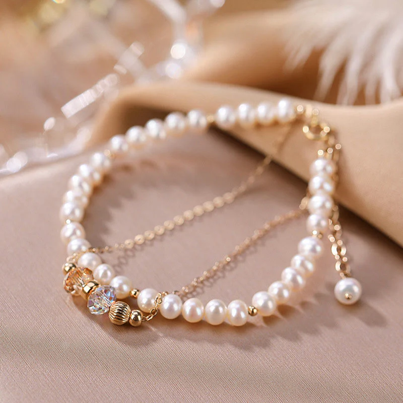Bracciale Buddha Stones in argento sterling 925 placcato oro 14k con perle naturali e cristalli curativi a doppio strato