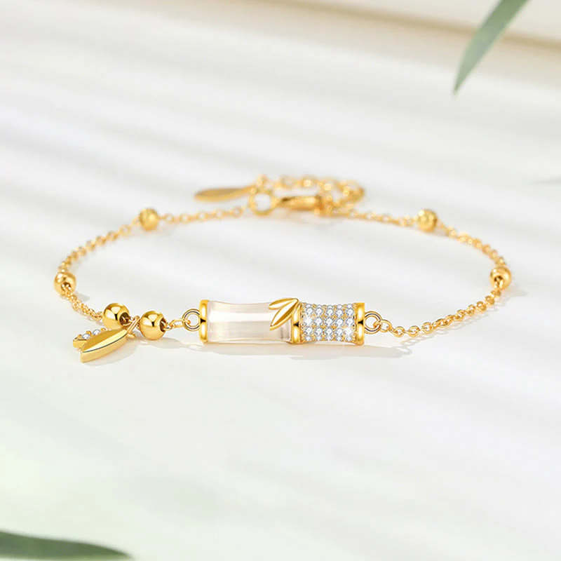 Bracciale Buddha Stones in argento sterling 925 placcato oro 18K con foglia di giada bianca e zircone di bambù
