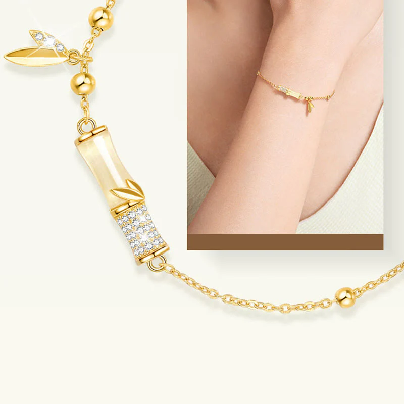 Bracciale Buddha Stones in argento sterling 925 placcato oro 18K con foglia di giada bianca e zircone di bambù - Image 10