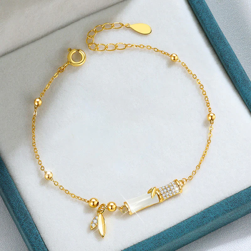 Bracciale Buddha Stones in argento sterling 925 placcato oro 18K con foglia di giada bianca e zircone di bambù - Image 2