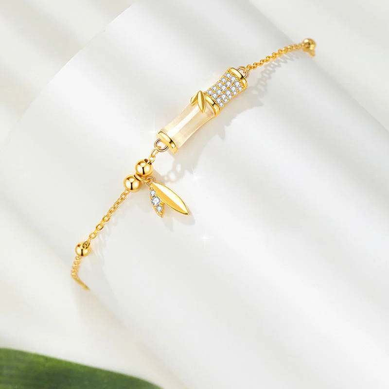 Bracciale Buddha Stones in argento sterling 925 placcato oro 18K con foglia di giada bianca e zircone di bambù - Image 3