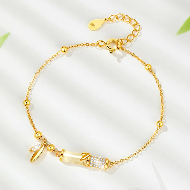 Bracciale Buddha Stones in argento sterling 925 placcato oro 18K con foglia di giada bianca e zircone di bambù - Image 4