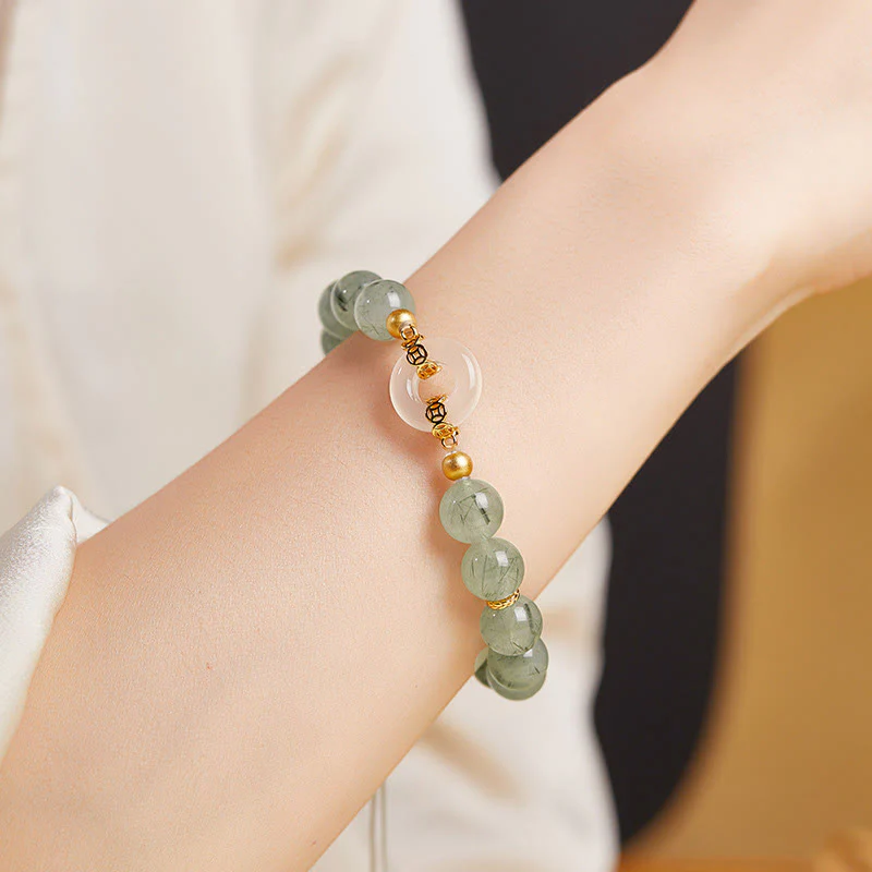 Bracciale Buddha Stones in argento sterling 925, quarzo rutilato verde, calcedonio bianco, fibbia della pace e coraggio - Image 12
