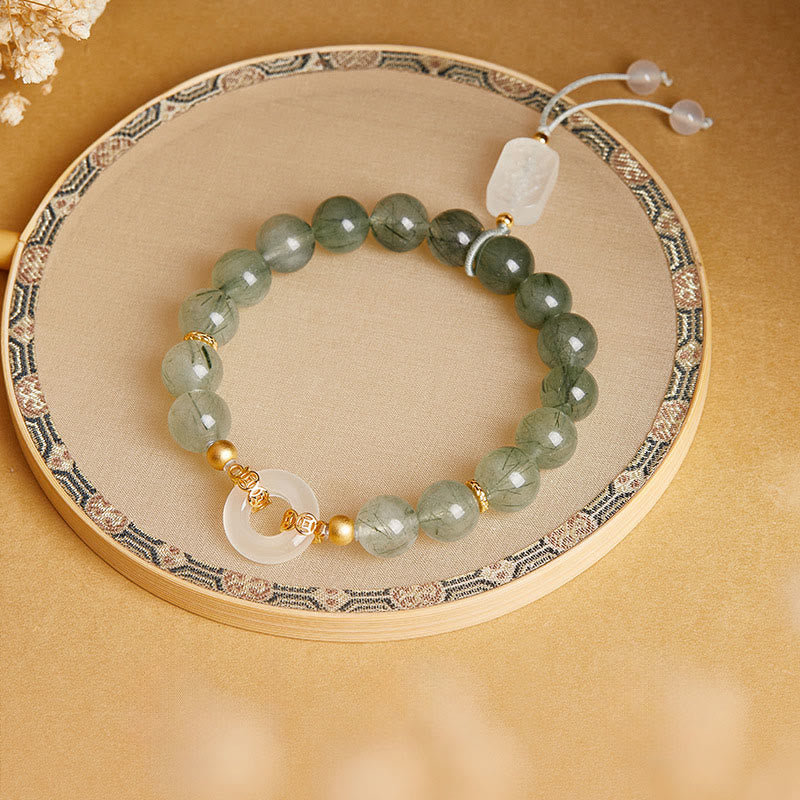 Bracciale Buddha Stones in argento sterling 925, quarzo rutilato verde, calcedonio bianco, fibbia della pace e coraggio - Image 2