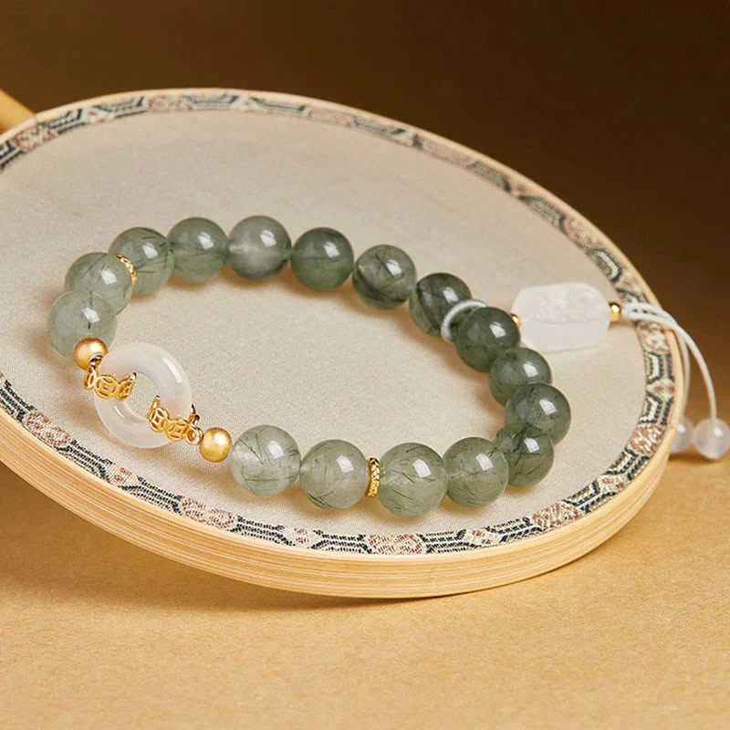 Bracciale Buddha Stones in argento sterling 925, quarzo rutilato verde, calcedonio bianco, fibbia della pace e coraggio - Image 3