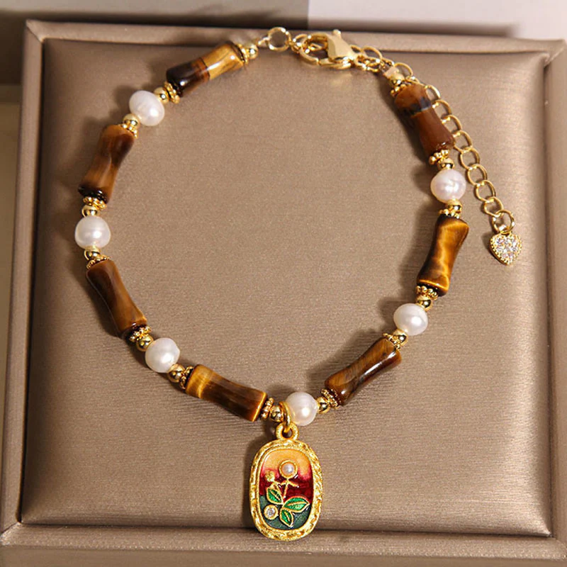 Bracciale Buddha Stones in bambù naturale con occhio di tigre e perle - Image 4